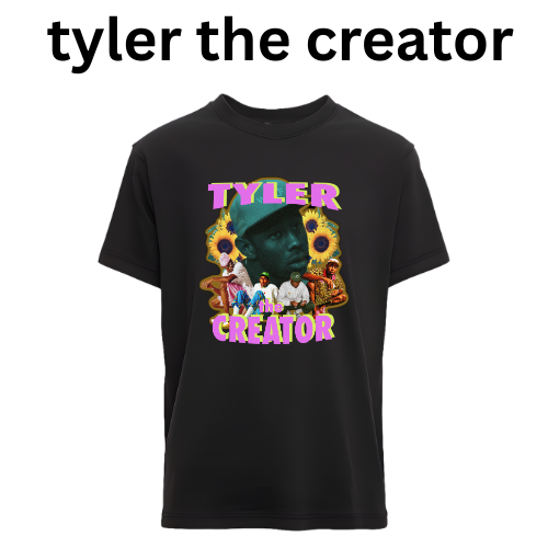 Black t-shirt with 'Tyler the Creator' graphic design on a white background custom dtf printed graphic t-shirt