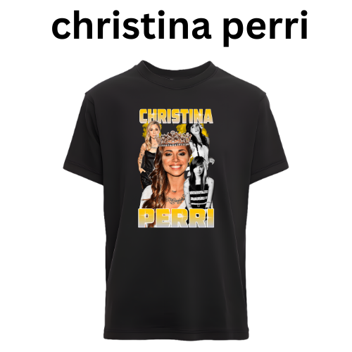 Black t-shirt with a graphic of Christina Perri and text on a white background custom dtf printed graphic t-shirt