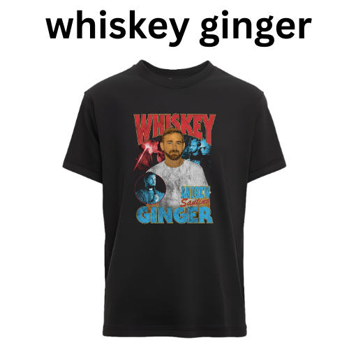 Black t-shirt with colorful graphic and text 'Whiskey Ginger' on a white background custom dtf printed graphic t-shirt