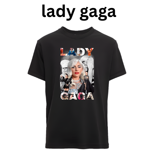 Black t-shirt with Lady Gaga graphic design on a white background custom dtf printed graphic t-shirt
