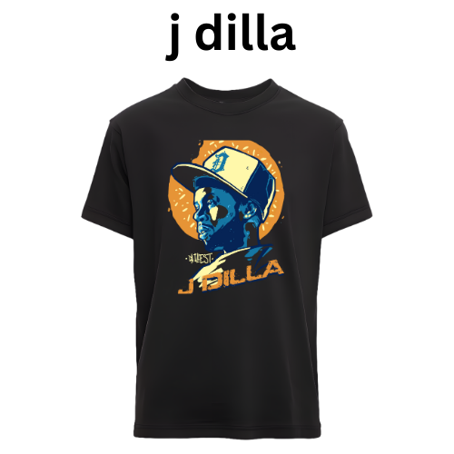 Black t-shirt with a graphic design of a person wearing a cap and the text 'J Dilla' on a white background. custom dtf printed graphic t-shirt
