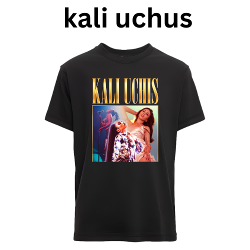 Black t-shirt with 'Kali Uchus' graphic design on a white background custom dtf printed graphic t-shirt