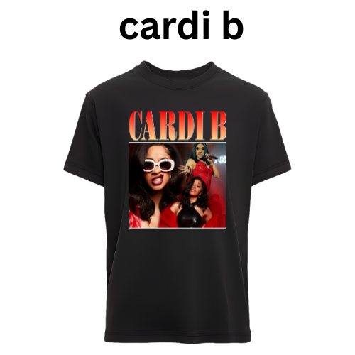 Black t-shirt with a graphic of a woman and 'CARDI B' text on a white  custom dtf printed graphic t-shirtbackground