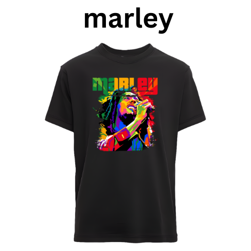 Black t-shirt with colorful graphic and 'Marley' text on a white background custom dtf printed graphic t-shirt