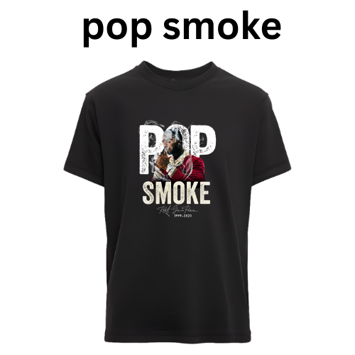 Black t-shirt with 'pop smoke' graphic design on a white background custom dtf printed graphic t-shirt