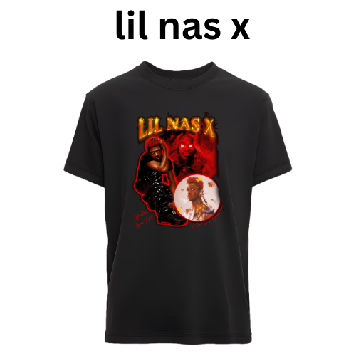 Black t-shirt with 'Lil Nas X' graphic design on a white background vcustom dtf printed graphic t-shirt