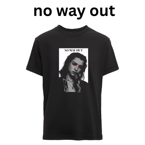 Black t-shirt with graphic design and 'no way out' text on a white background custom dtf printed graphic t-shirt