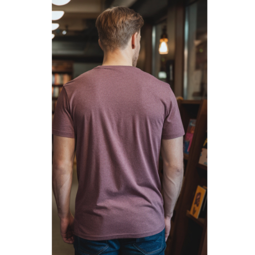 Man wearing a maroon t-shirt in an indoor setting