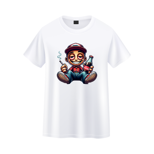 White t-shirt with a graphic of a character holding a Coca-Cola bottle and smoking a cigarette on a white background. custom dtf printed graphic t-shirt