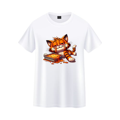 White t-shirt with a cartoon cat eating pizza design on a white background custom dtf printed graphic t-shirt
