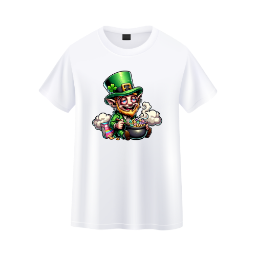 White t-shirt with a cartoon leprechaun design on a white background custom dtf printed graphic t-shirt