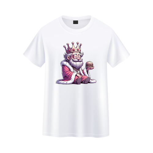 White t-shirt with a cartoon king holding a crown and burger design on a white background custom dtf printed graphic t-shirt
