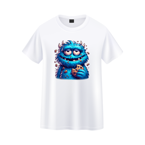 White t-shirt with a blue monster holding cookies design on a white background custom dtf printed graphic t-shirt