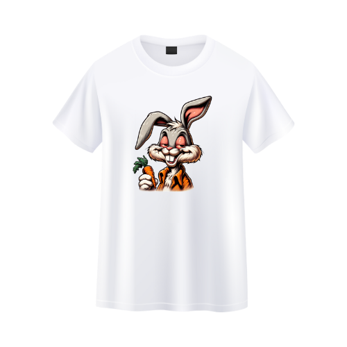 White t-shirt with a cartoon character holding a carrot on a white background custom dtf printed graphic t-shirt