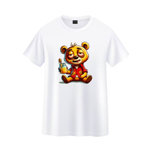 White t-shirt with a cartoon bear design holding a beer mug on a white background custom dtf printed graphic t-shirt