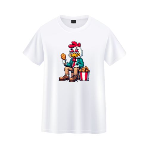 White t-shirt with a cartoon character holding a chicken and sitting on a bucket of fries. custom dtf printed graphic t-shirt