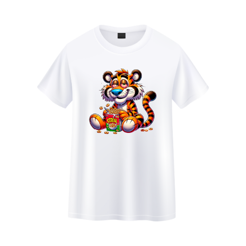 White t-shirt with a cartoon tiger design on a white background custom dtf printed graphic t-shirt