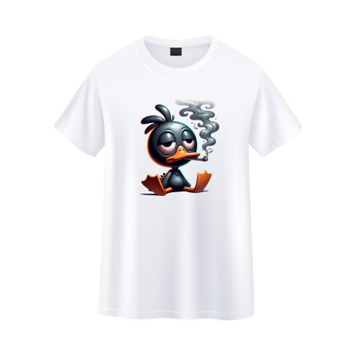 White t-shirt with a cartoon duck smoking a cigarette graphic on a white background custom dtf printed graphic t-shirt