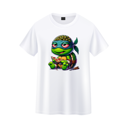 White t-shirt with a cartoon turtle design on a white background custom dtf printed graphic t-shirt