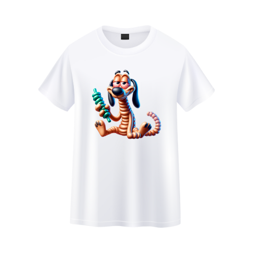 White t-shirt with cartoon character design on a white background custom dtf printed graphic t-shirt