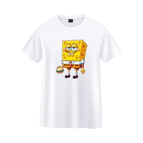 White t-shirt with a cartoon character print on a white background custom dtf printed graphic t-shirt
