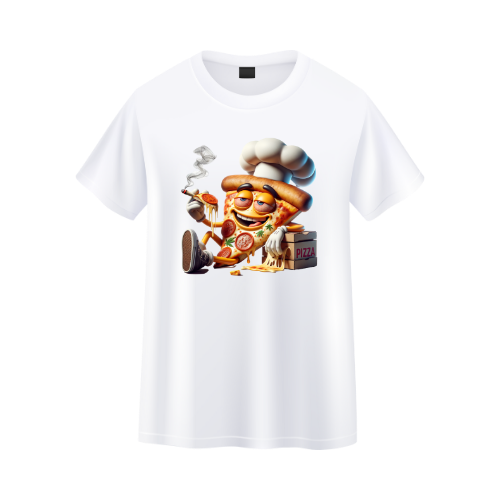 White t-shirt with a cartoon pizza character design on a white background  custom dtf printed graphic t-shirt