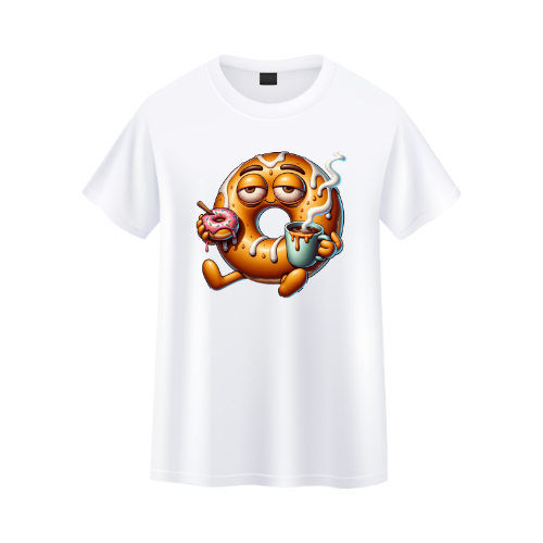 White t-shirt with a cartoon donut design on a white background custom dtf printed graphic t-shirt