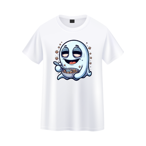 White t-shirt with a cartoon ghost design on a white background custom dtf printed graphic t-shirt
