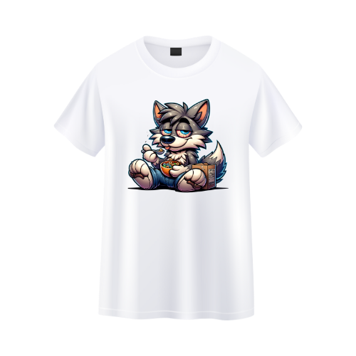 White t-shirt with a cartoon wolf design on a white background custom dtf printed graphic t-shirt