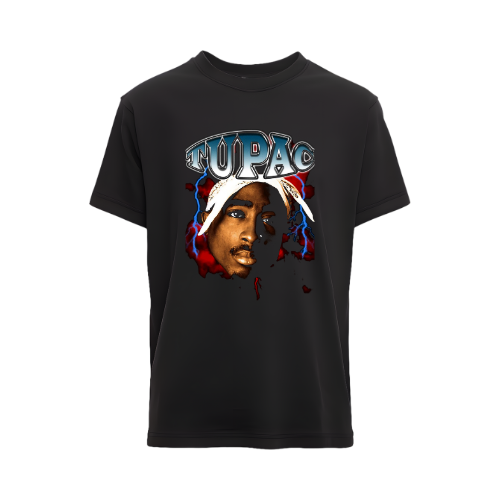Black t-shirt with a graphic design of a face and 'TUPAC' text on a white background custom dtf printed graphic t-shirt