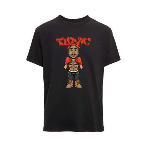 Black t-shirt with a graphic of a boxer and 'Tazac' text on a white background custom dtf printed graphic t-shirt