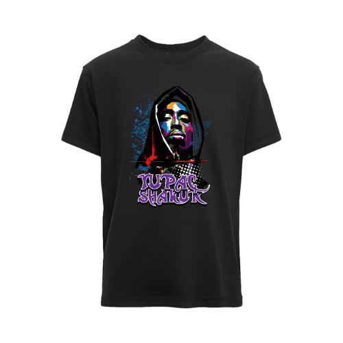 Black t-shirt with colorful graphic design of a face and 'Nipac Shakur' text on a white background custom dtf printed graphic t-shirt