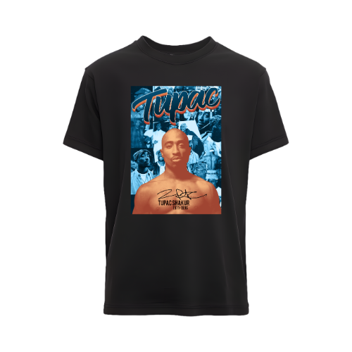 Black t-shirt with a graphic of a shirtless person and 'Tupac' text on a white background custom dtf printed graphic t-shirt