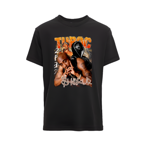 Black t-shirt with graphic design featuring a person and text on a white background custom dtf printed graphic t-shirt