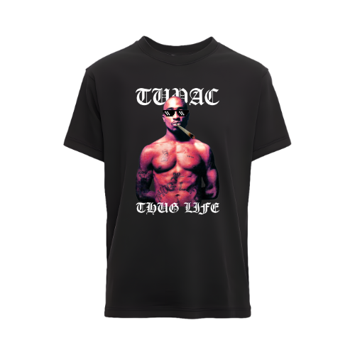 Black t-shirt with a graphic of a shirtless man smoking a cigar and 'Thug Life' text on a white background custom dtf printed graphic t-shirt