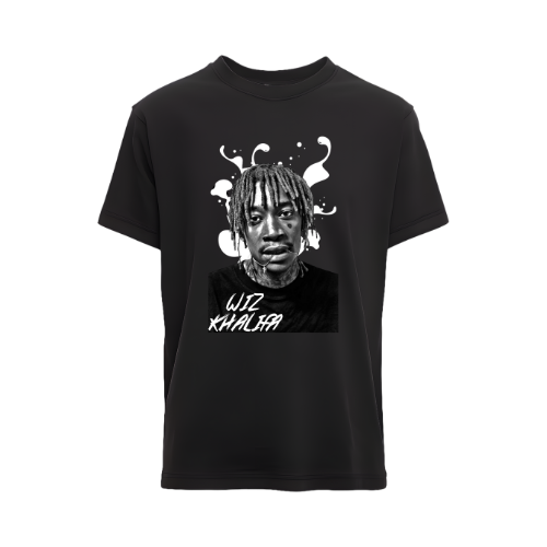 Black t-shirt with a graphic of a person's face and 'Wiz Khalifa' text on a white background custom dtf printed graphic t-shirt