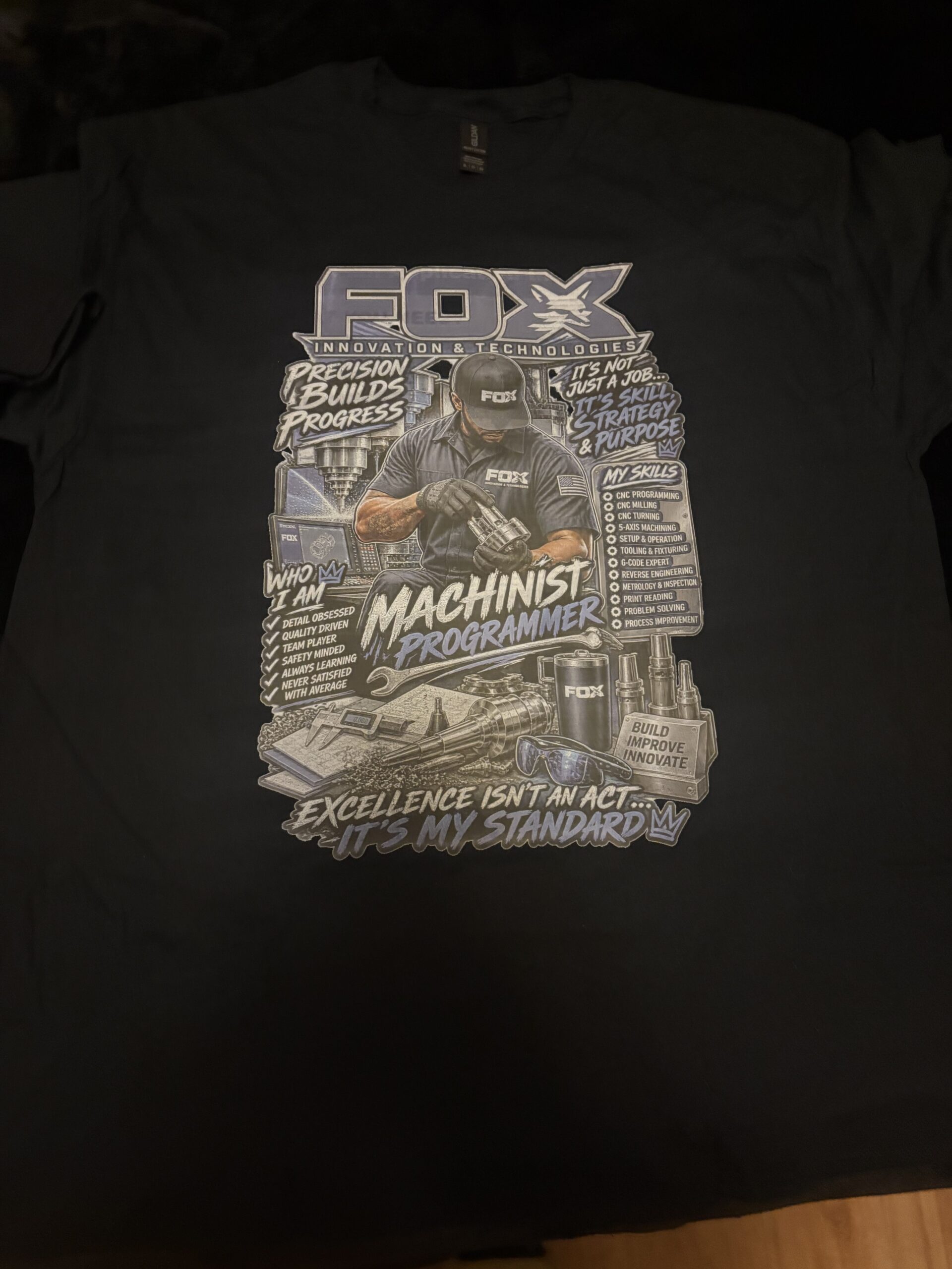 Home Black custom machinist-themed work shirt printed by Vividly Print
